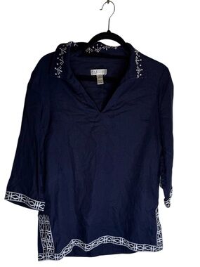 Neiman Marcus Navy Tunic with White Embroidered Trim